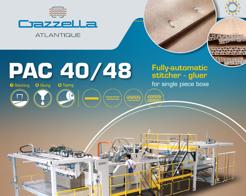 Obtendrá información ampliada  de la Plegadora Grapadora Encoladora Totalmente Automática PAC 40/48 en el folleto Gazzella Atlantique.  